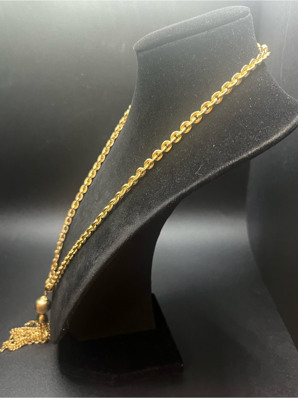 Vintage gold tone tassel pendant necklace 22 inch textured bead statement - Picture 4 of 11
